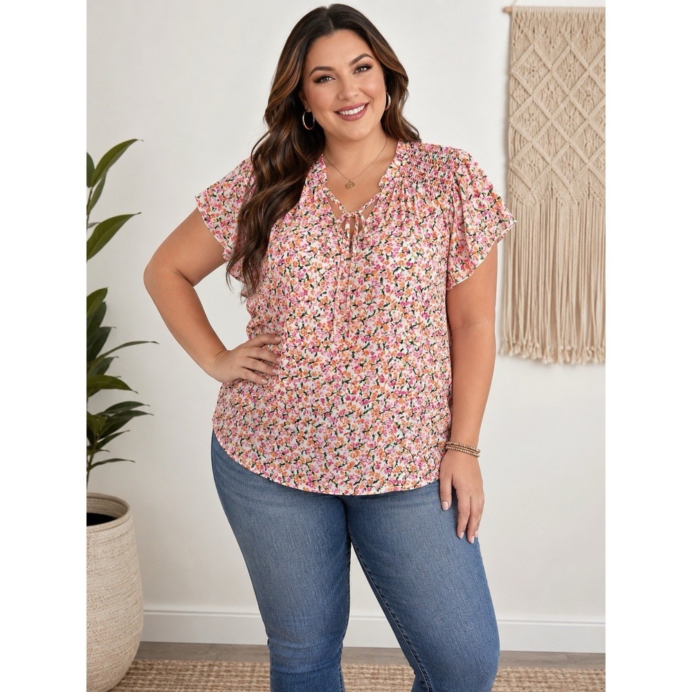 Hailey & Co Women's Plus Size 2X Floral Tie Neck Blouse Pink Boho Peasant Top